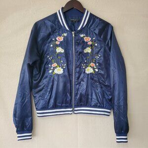 Romeo & Juliet Couture Floral Embroidered Bomber Cuff Stripe Jacket Size M